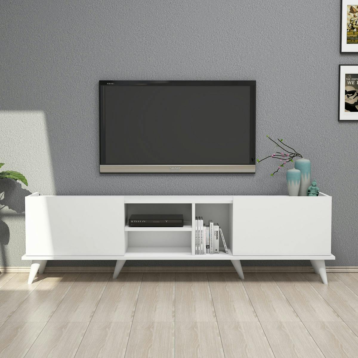 Meuble TV blanc avec rangement 2 portes 3 niches UMEA