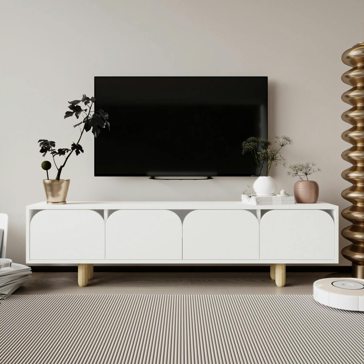 Meuble TV blanc avec rangement, 4 portes courbes VAREN