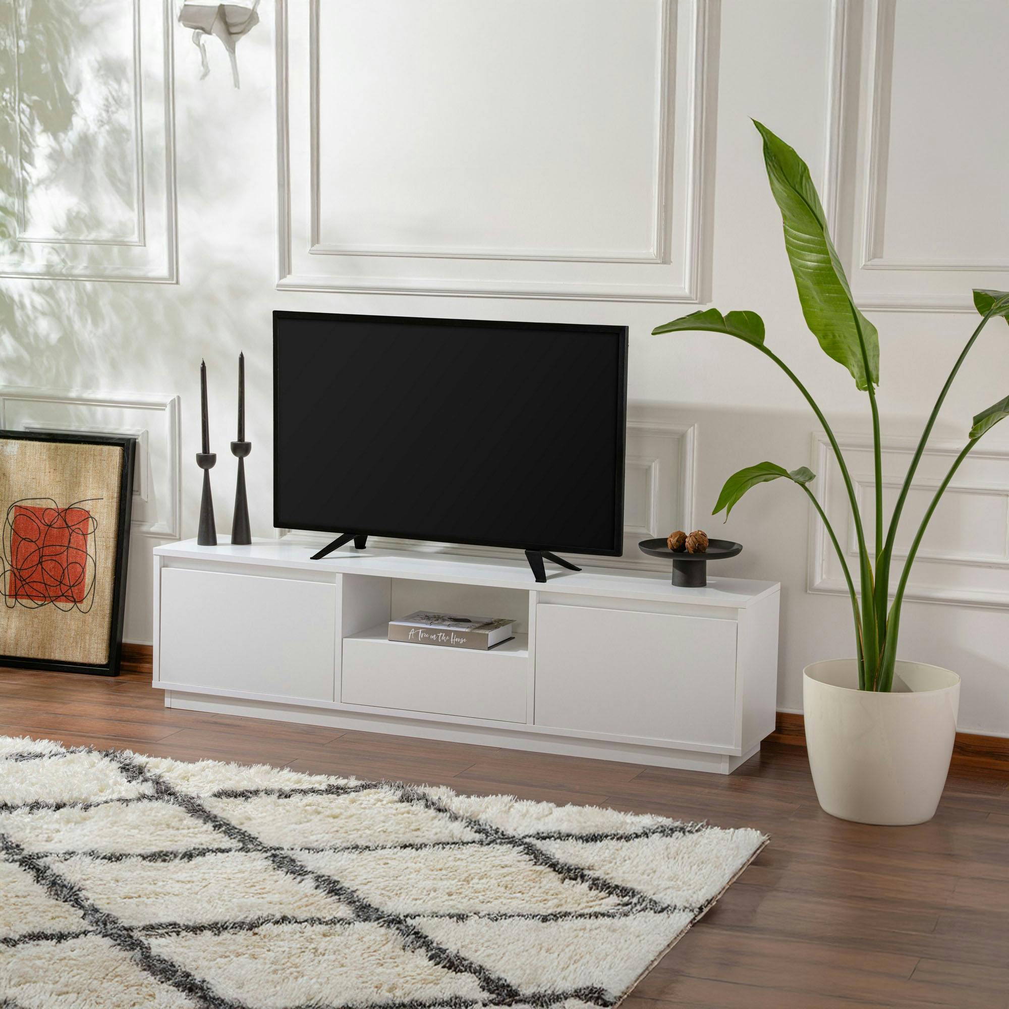 Meuble TV blanc avec rangement - effet laque MARFA