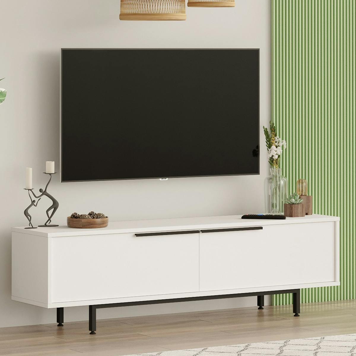 Meuble TV blanc avec rangement pieds métal noir JENA