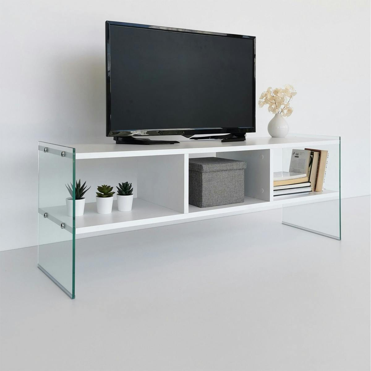 Meuble TV blanc design avec montants en verre SALTA