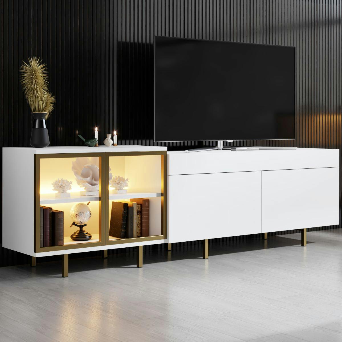 Meuble TV blanc et doré 2 portes 1 niche LED AURA