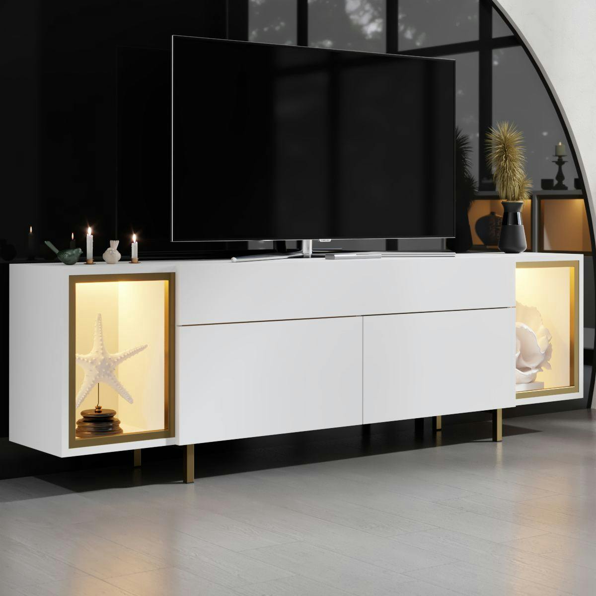 Meuble TV blanc et doré 2 portes 2 niches LED AURA