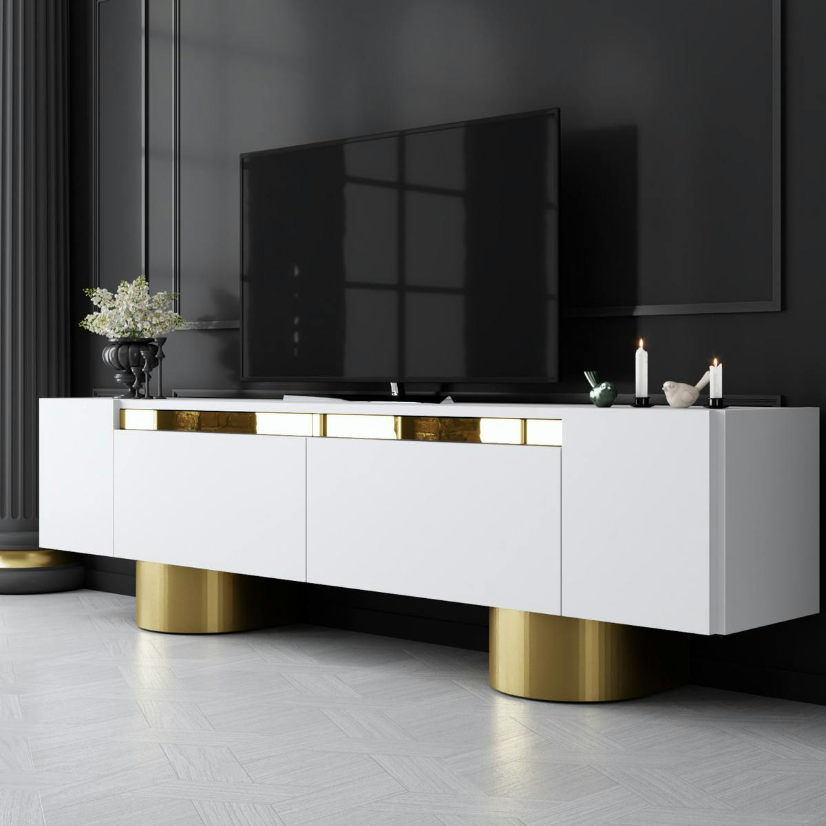 Meuble TV blanc et or design 2 portes abattantes JENA