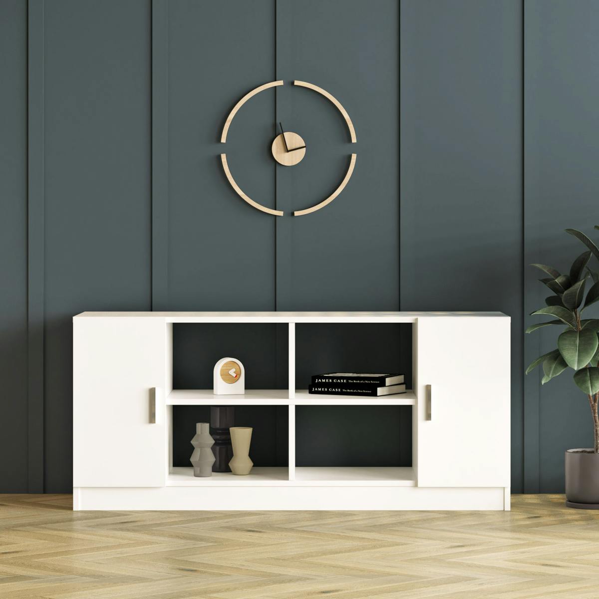 Meuble TV blanc moderne 2 portes 4 niches ouvertes MARFA