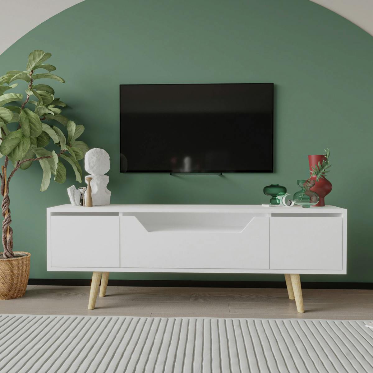 Meuble TV blanc moderne, 3 portes 150 cm MARFA