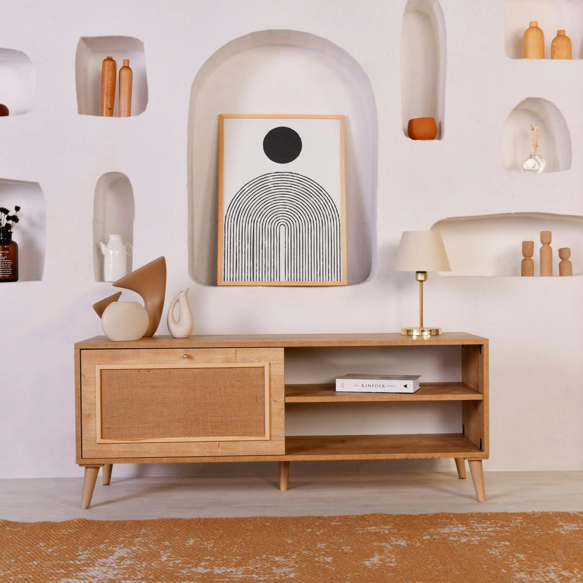 Meuble TV bohème avec porte tissu toile jute MARFA