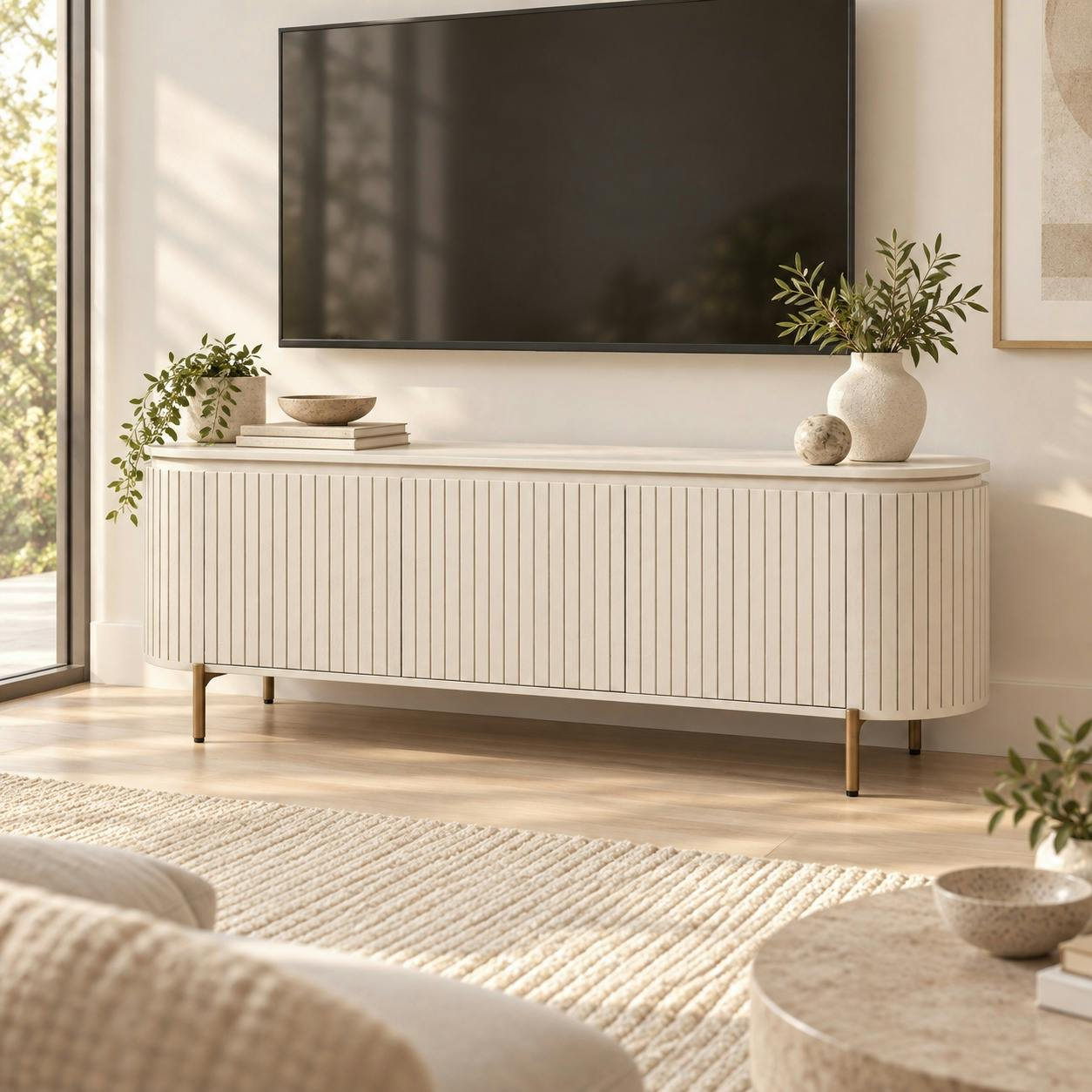 Meuble TV bois beige rainuré 3 portes 165 cm CALERO