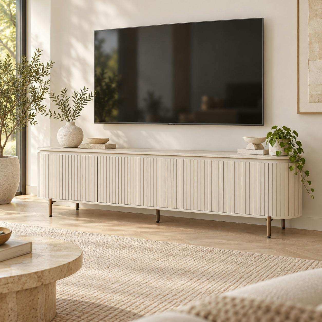 Meuble TV bois beige rainuré 4 portes 210 cm CALERO