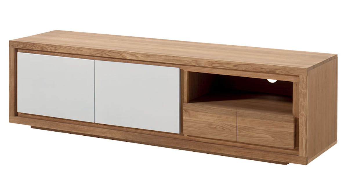 Meuble TV bois bicolore naturel / laquĂ© blanc en ChĂȘne massif 2 portes, 1 tiroir, 1 niche meuble tele chene et blanc
