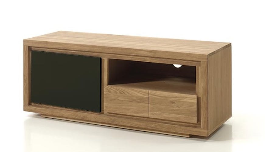 Meuble TV bois bicolore naturel / laqué noir en Chêne massif 1 porte, 1 tiroir, 1 niche 128x40x50cm MALMOE2