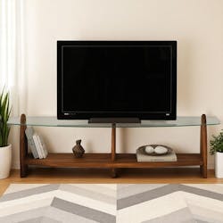 Meuble TV bois brun et verre - 2 niches, vintage ANZIO