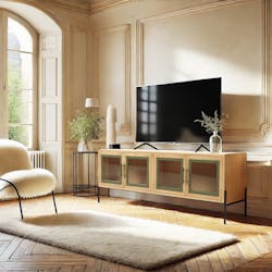 Meuble TV bois clair 4 portes vitrées contour vert BAGAN