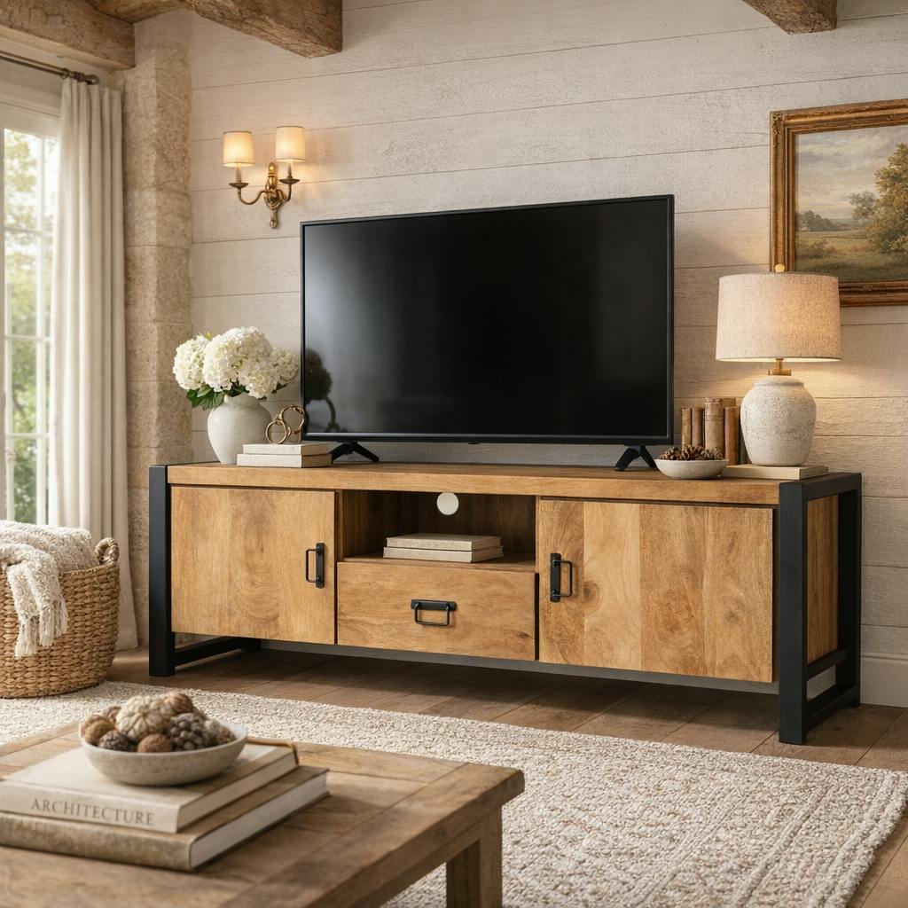 Meuble TV bois clair et métal noir 2 portes MILORA