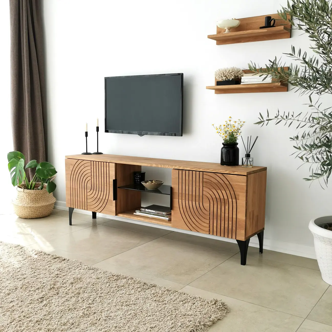 Meuble TV bois clair motif graphique avec 2 étagères LECCE | Meubles TV | Pier Import Meuble TV bois clair motif graphique avec 2 étagères LECCE | Meubles TV | Pier Import
