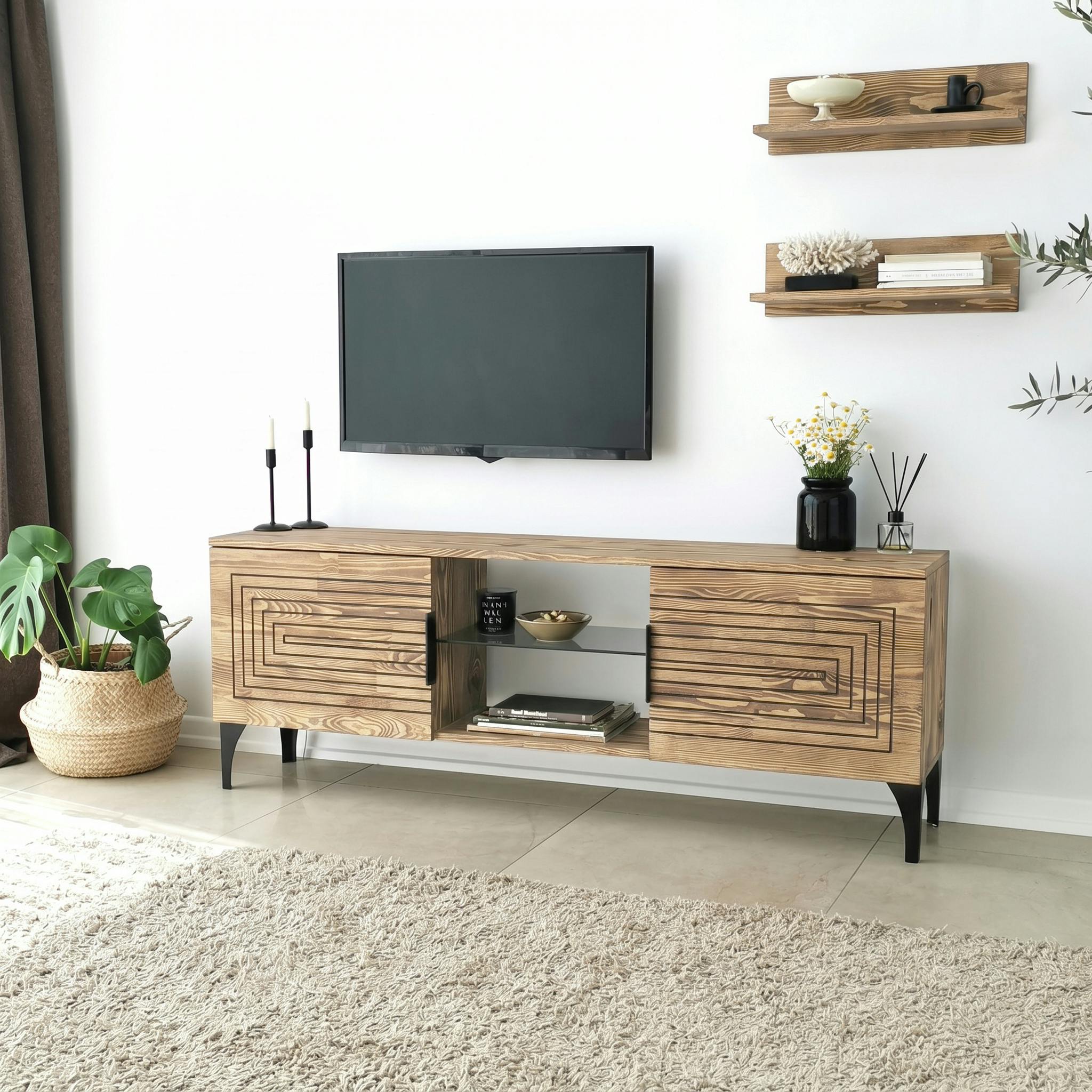 Meuble TV bois clair sculpté - 2 étagères assorties LECCE