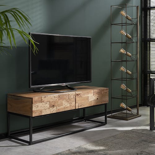 Meuble TV en bois pieds metal deux tiroirs style contemporain