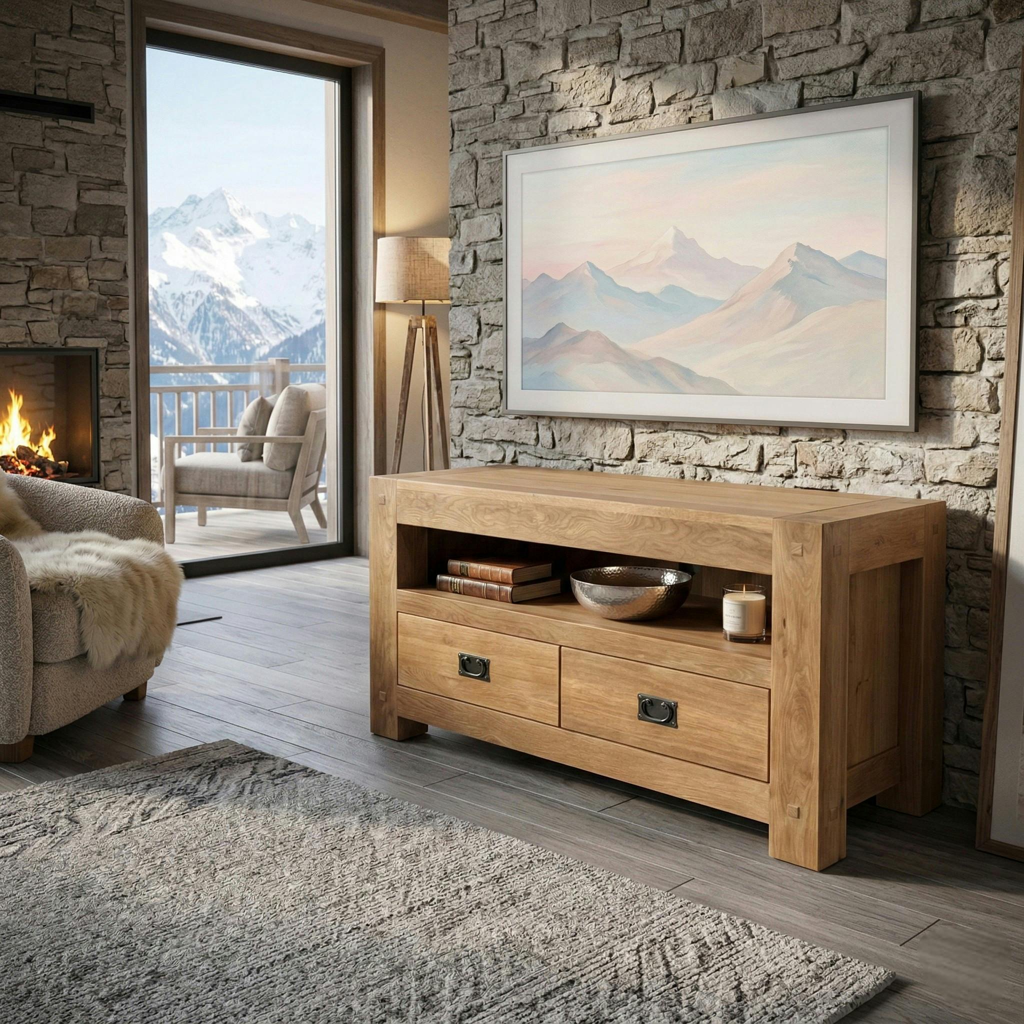 Meuble TV en bois deux tiroirs de style campagne