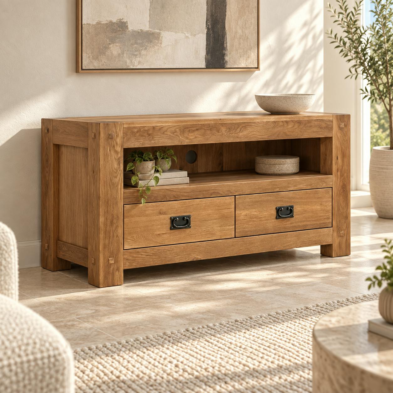 Meuble TV en bois deux tiroirs de style campagne