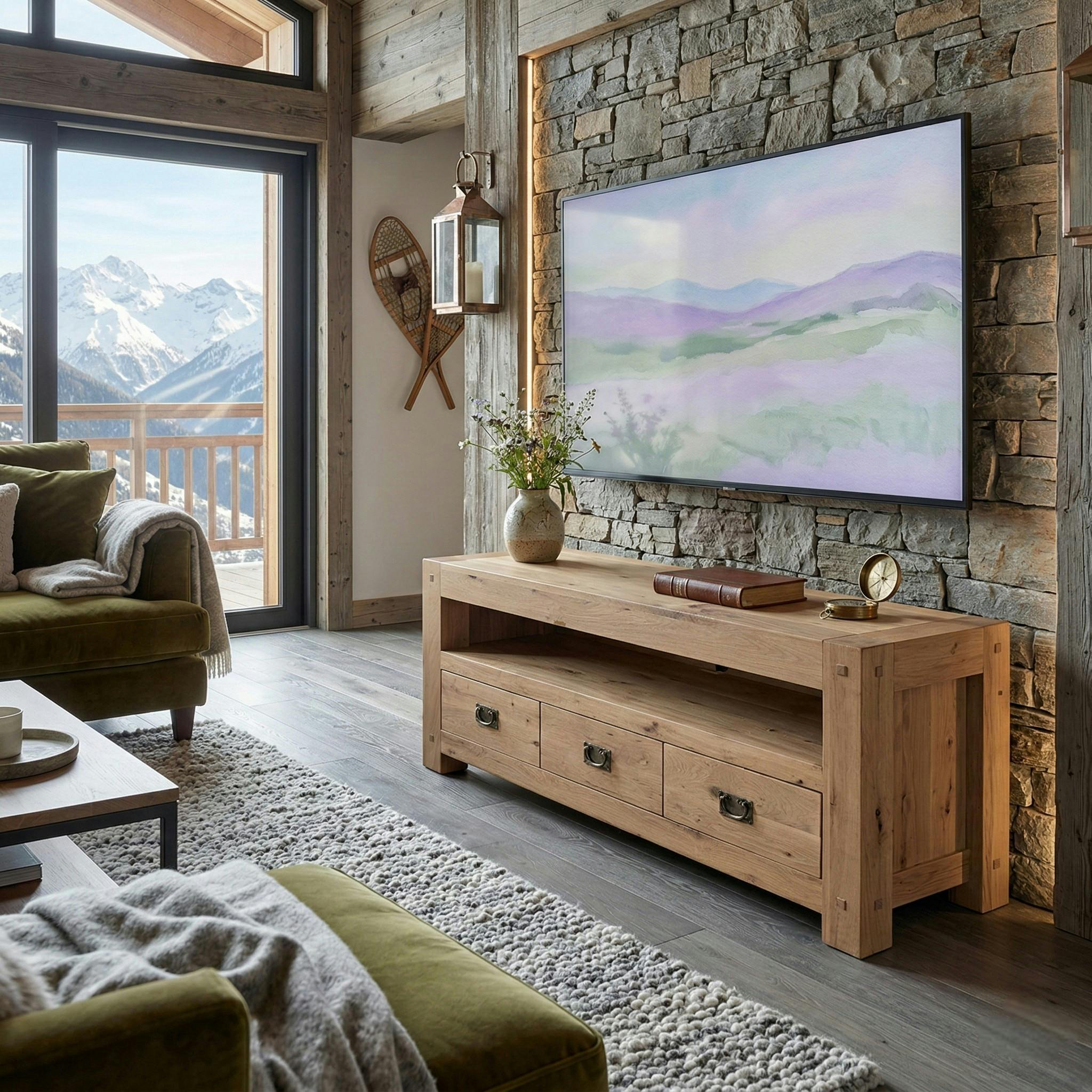 Meuble TV en bois trois tiroirs de style campagne