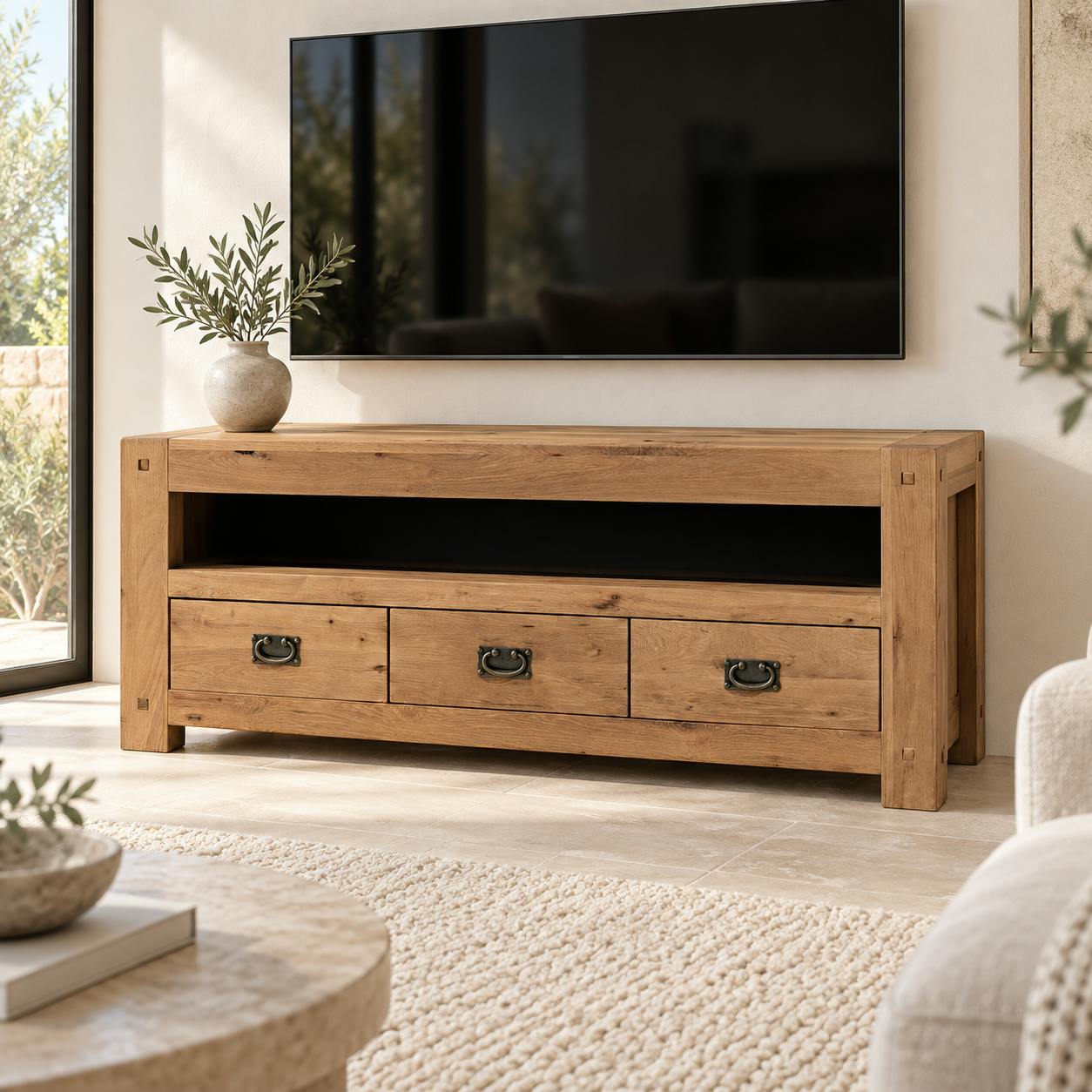 Meuble TV en bois trois tiroirs de style campagne