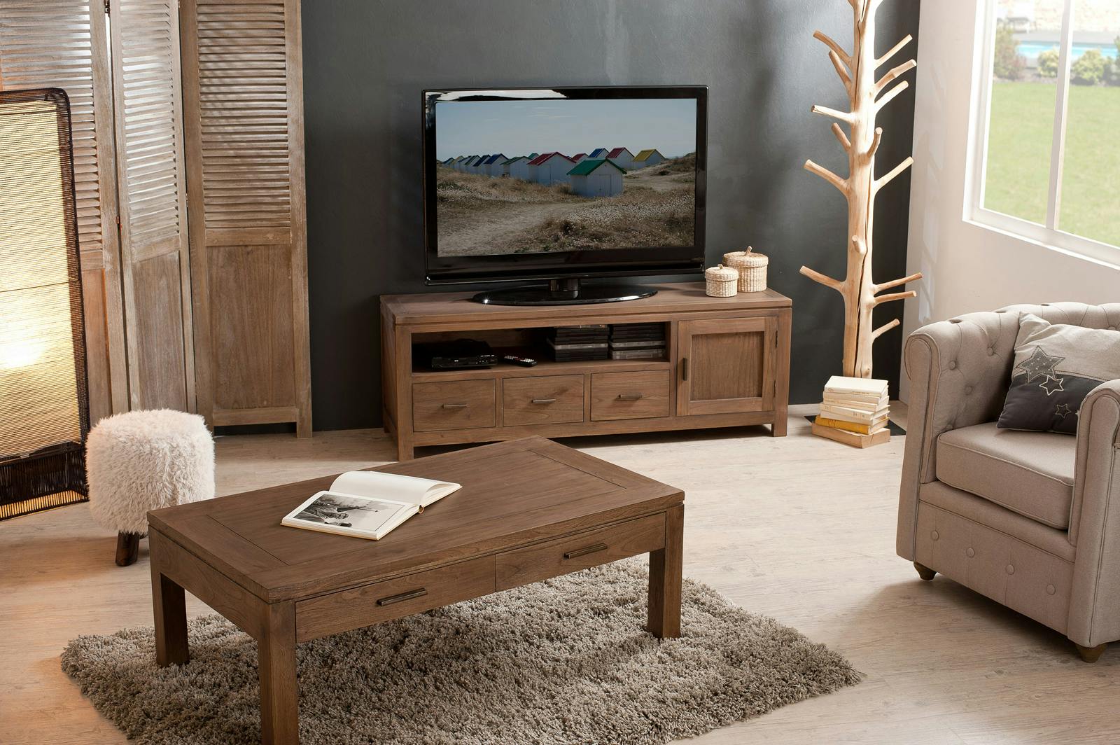 Meuble TV en bois trois tiroirs une porte de style exotique