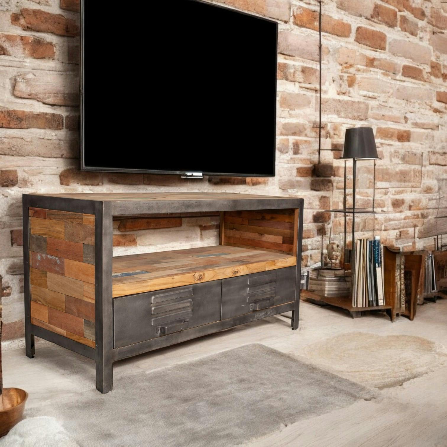 Meuble TV bois recycle et metal deux tiroirs de style industriel