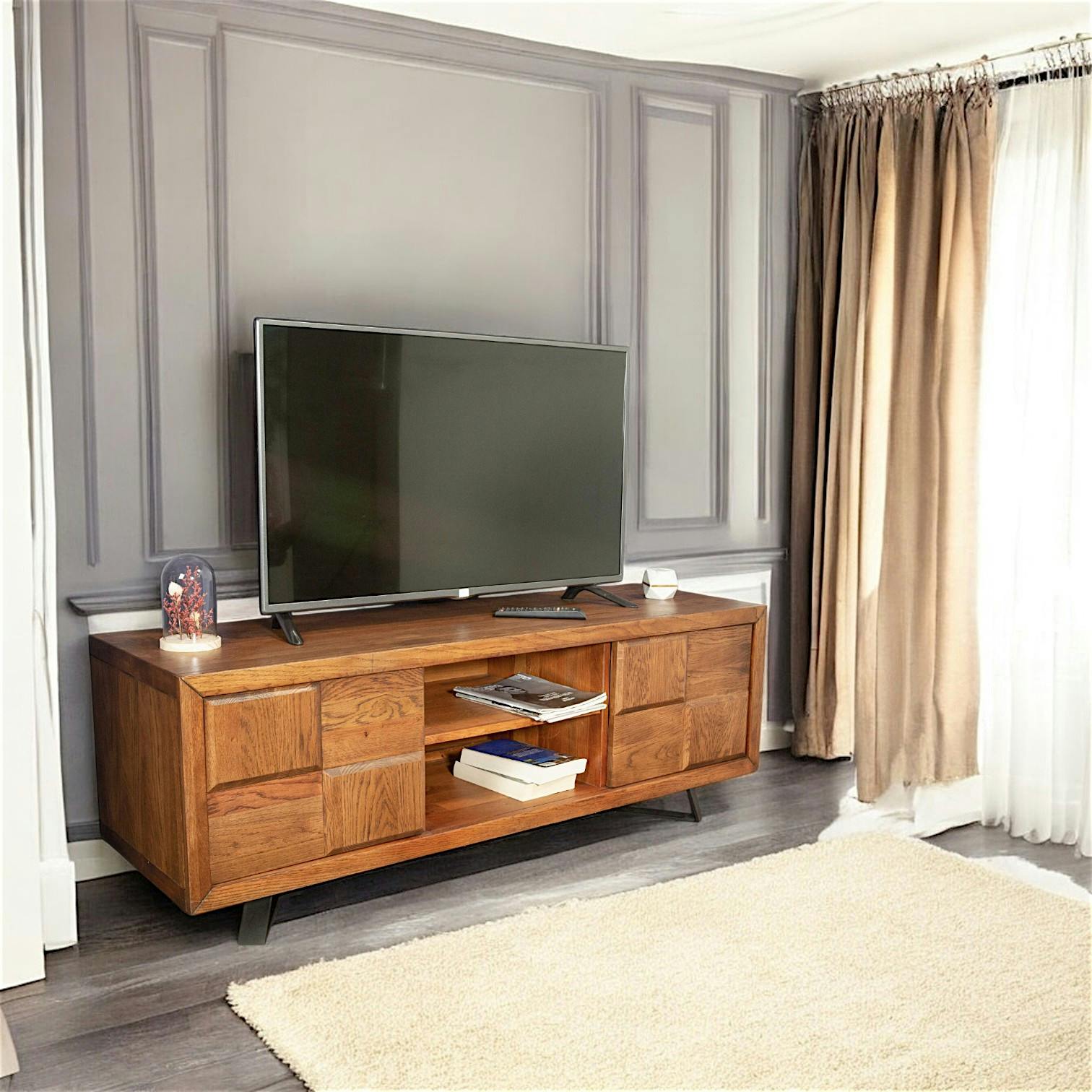 Meuble tv bois motif damier 150 cm OKA