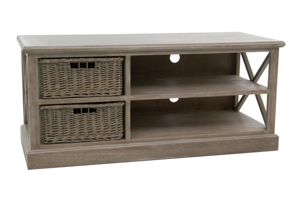 Meuble tv bois naturel patiné grisé blanchi avec 2 paniers amovibles L120xP49,5xH51cm PAOLIA
