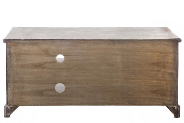 Meuble tv bois naturel patiné grisé blanchi avec 2 paniers amovibles L120xP49,5xH51cm PAOLIA