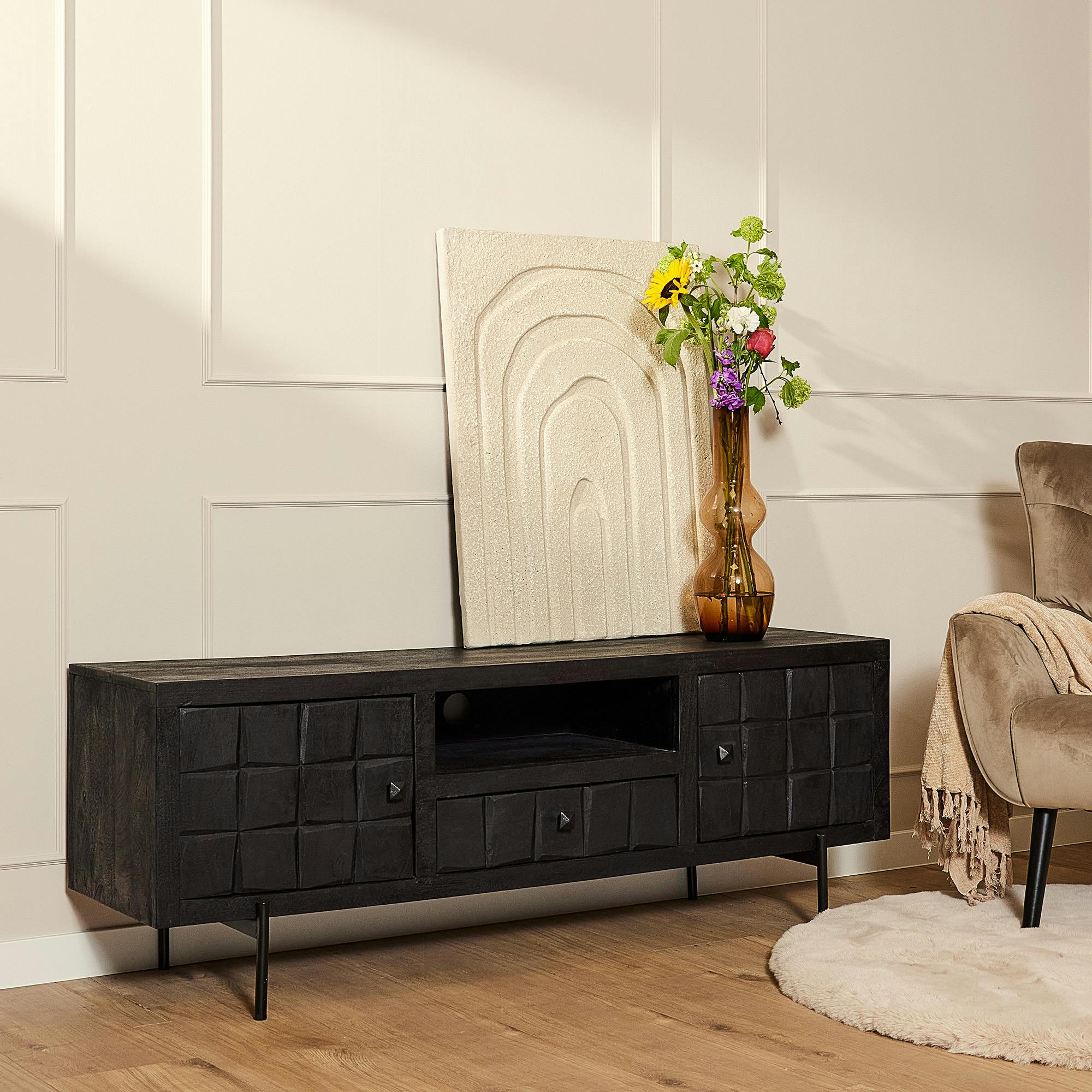 Meuble TV bois noir 2 portes décor damier 180 cm UDA