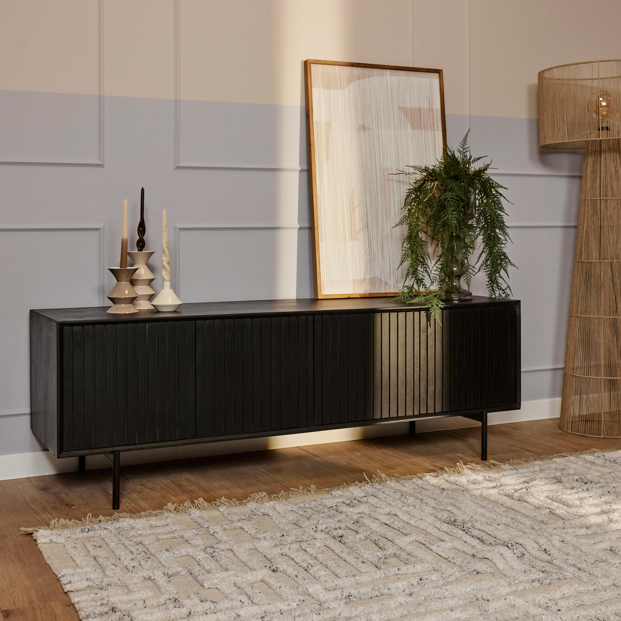 Meuble TV bois noir 4 portes rainurées 165 cm CORTINA
