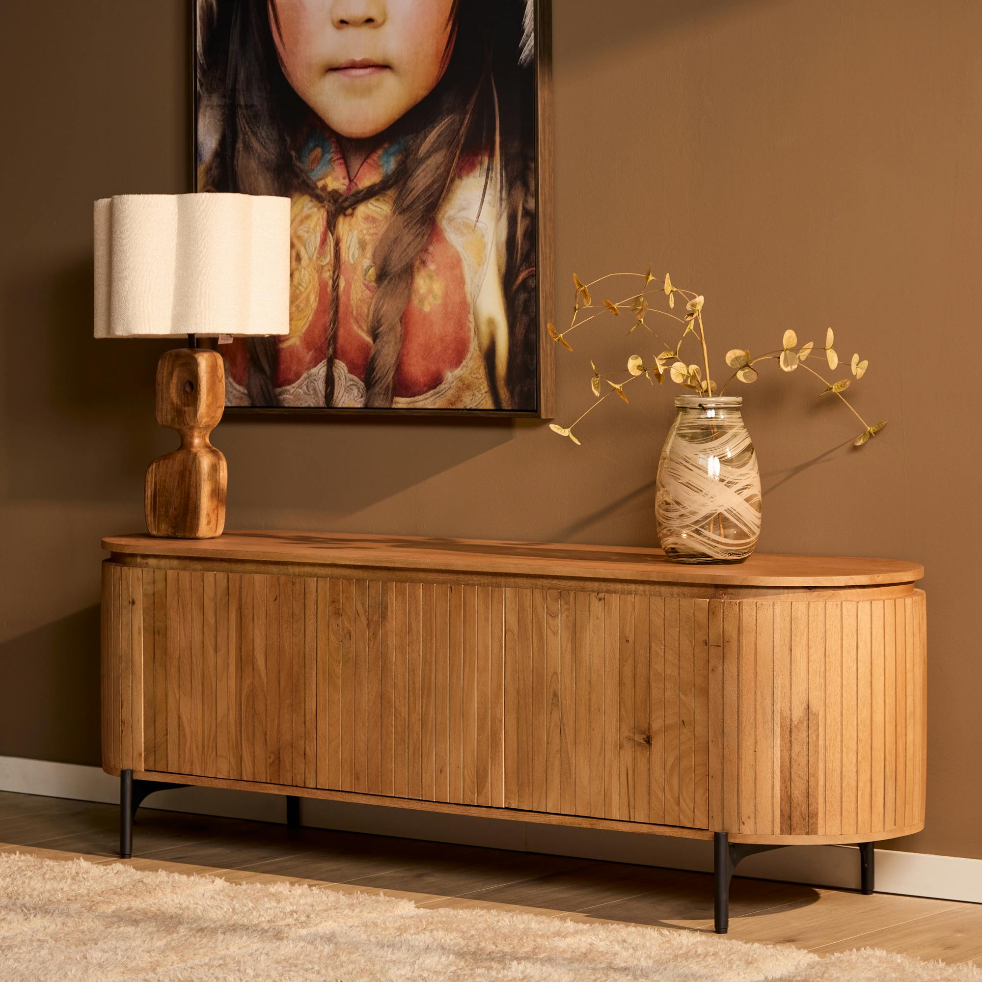 Meuble TV bois rainuré ovale 3 portes CALERO