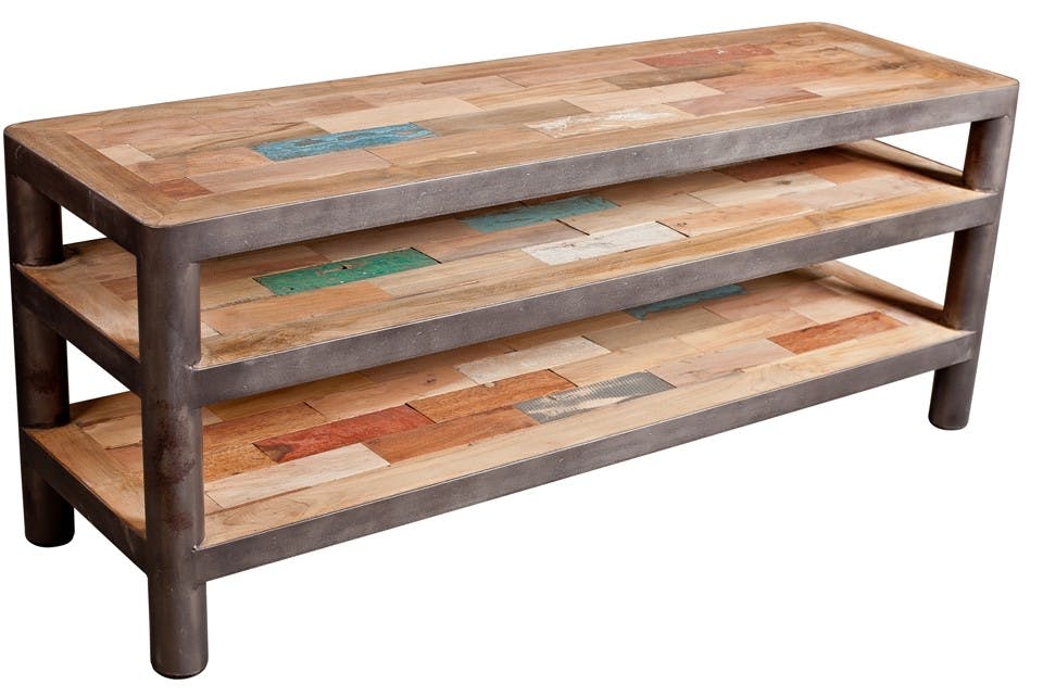 Meuble TV bois recycle et metal trois plateaux de style industriel