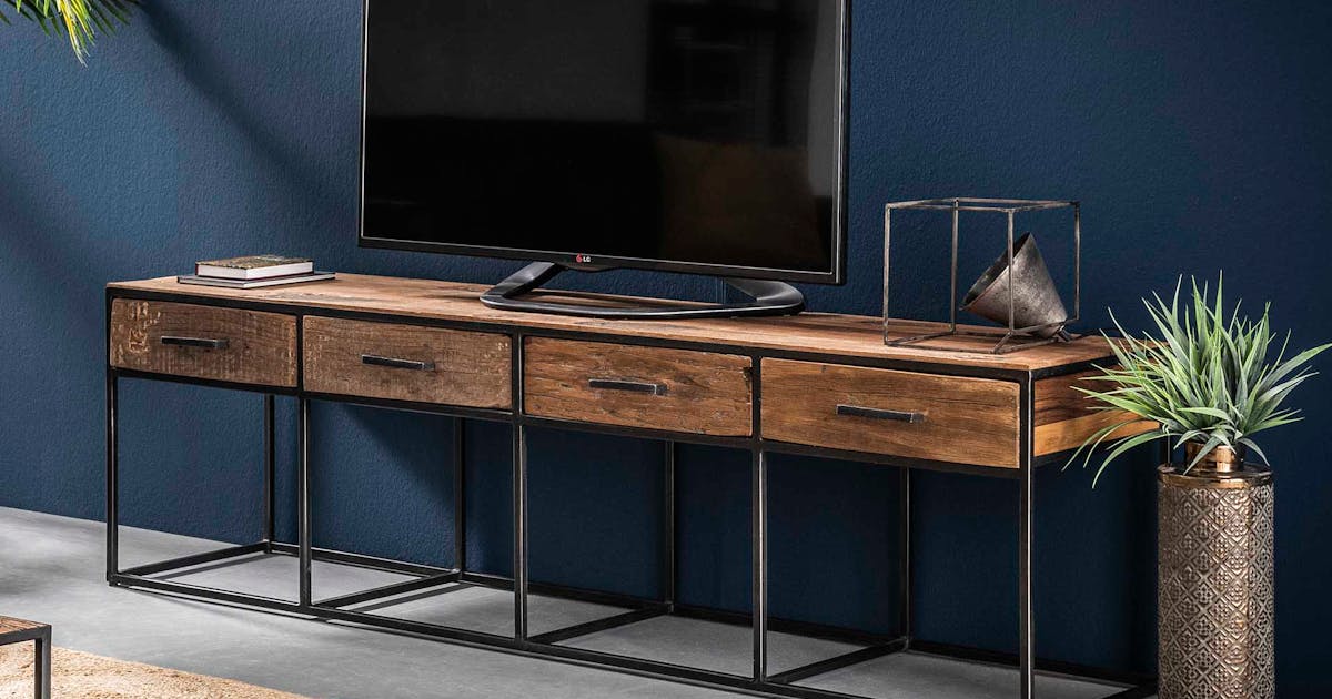 Meuble tv bois recyclé brut acier 4 tiroirs WELLINGTON | Meubles TV | Pier Import meuble tele acier