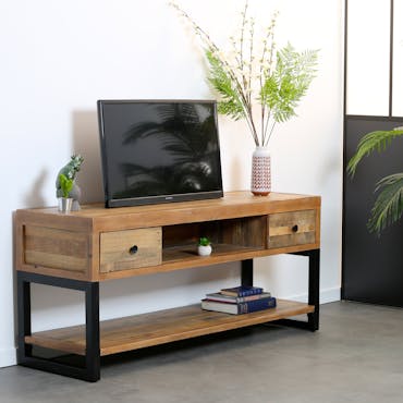  Meuble TV en bois reycle FSC deux tiroirs style industriel