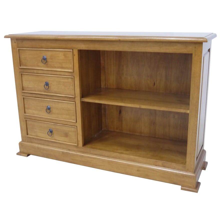 Meuble TV / Buffet / Bibliothèque basse Hévéa 4 tiroirs, 2 niches 120x35x80cm TRADITION