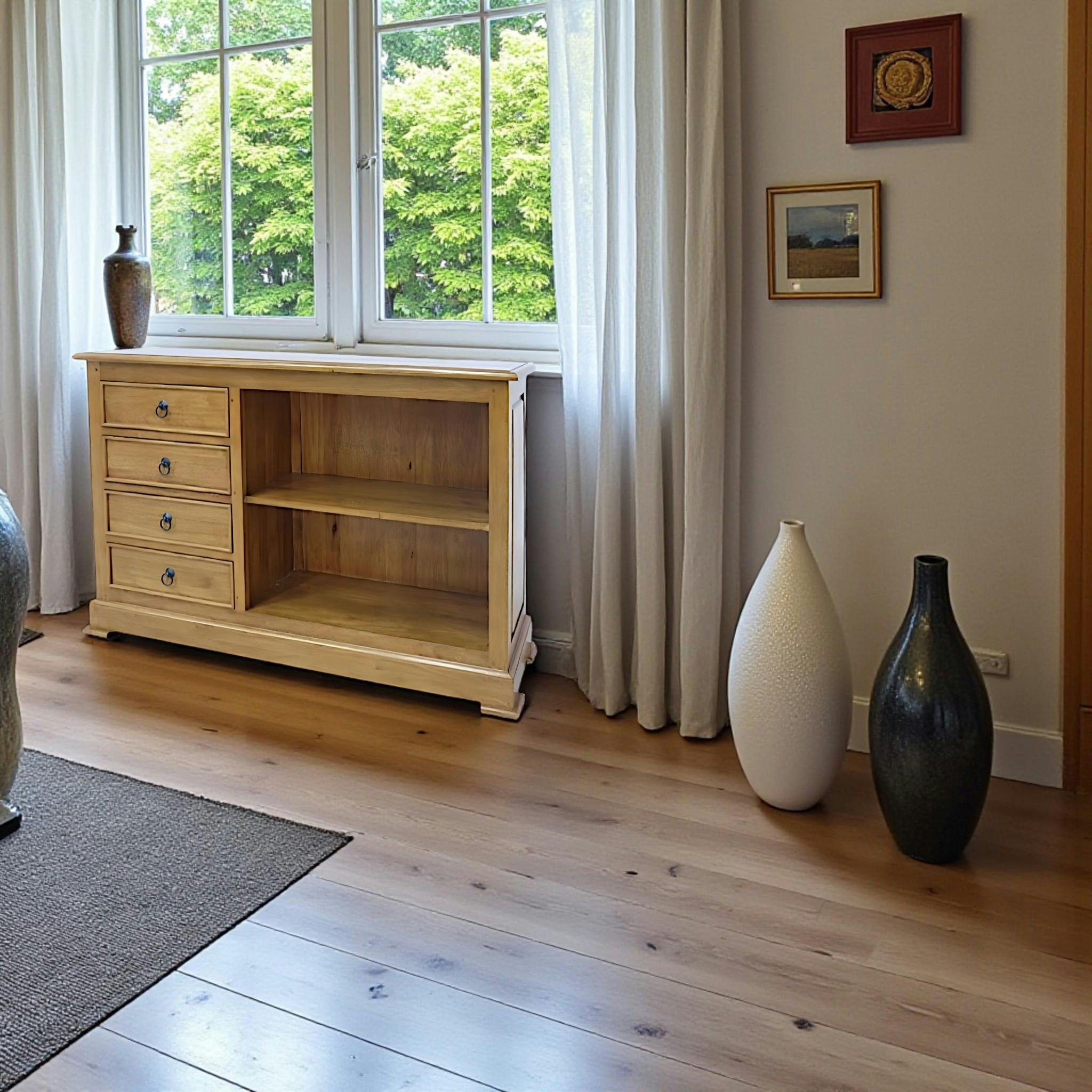 Meuble TV / Buffet / Bibliothèque basse Hévéa 4 tiroirs, 2 niches 120x35x80cm TRADITION