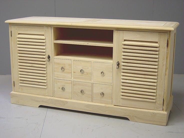 Meuble TV / Buffet Hévéa 2 portes persiennes, 6 tiroirs, 2 niches 150x44x80cm MAORI