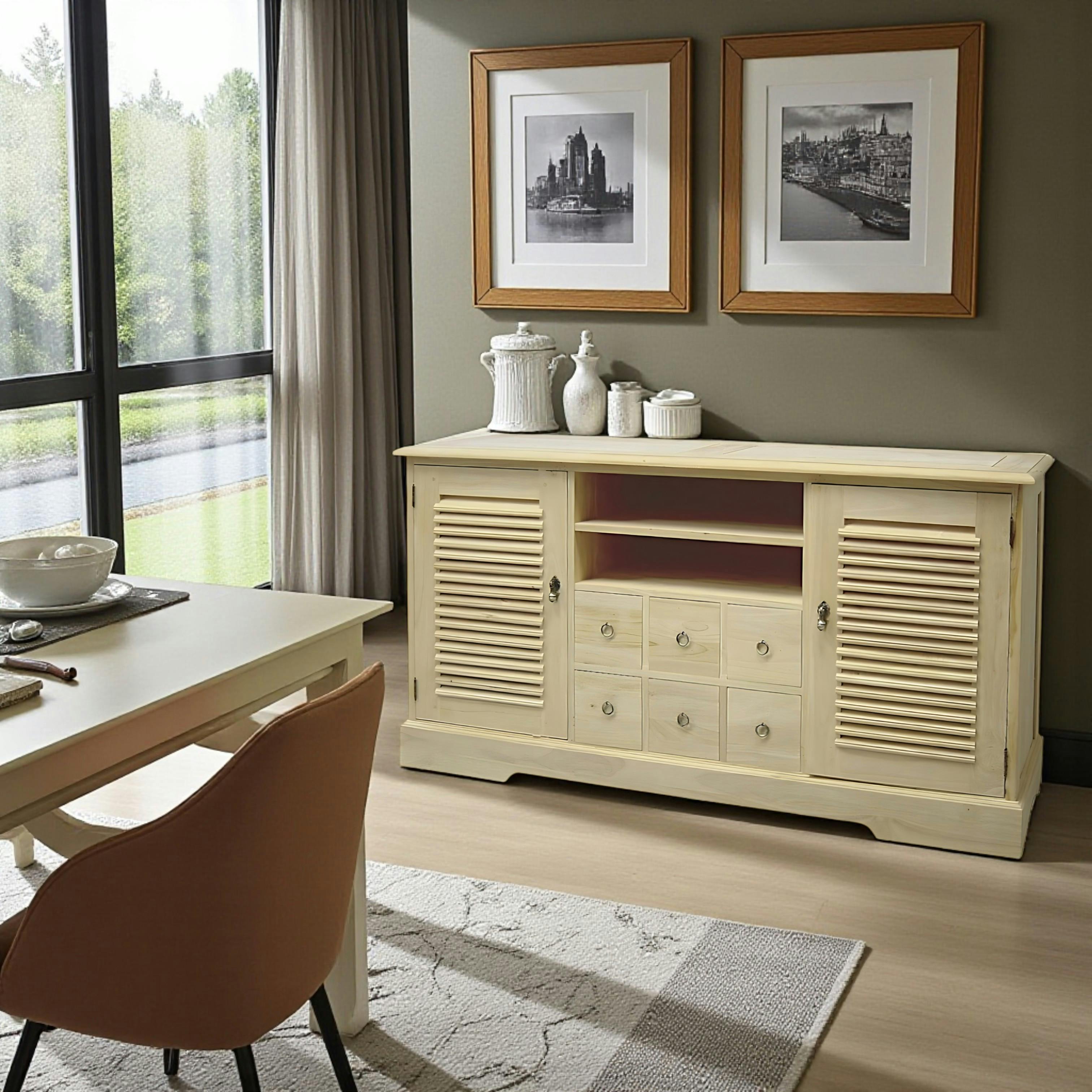 Meuble TV / Buffet Hévéa 2 portes persiennes, 6 tiroirs, 2 niches 150x44x80cm MAORI