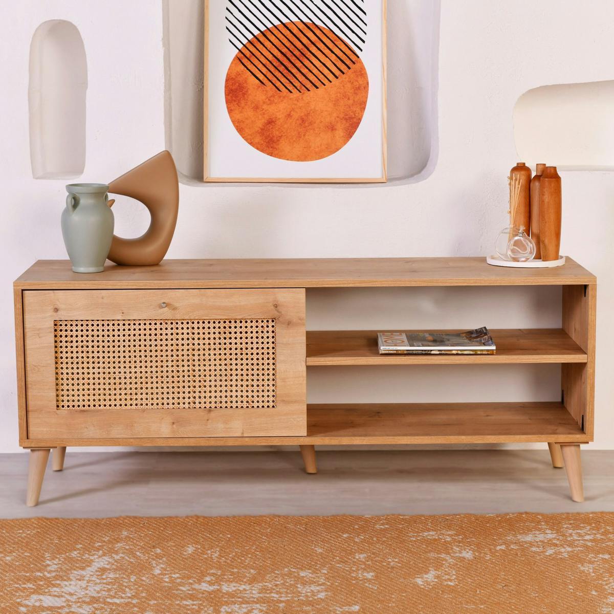 Meuble TV cannage 1 espace rangement 2 niches MARFA