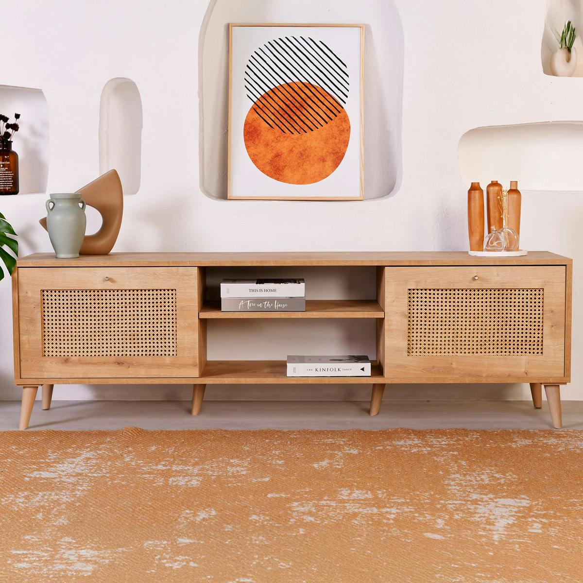 Meuble TV cannage 2 espaces rangement 2 niches MARFA