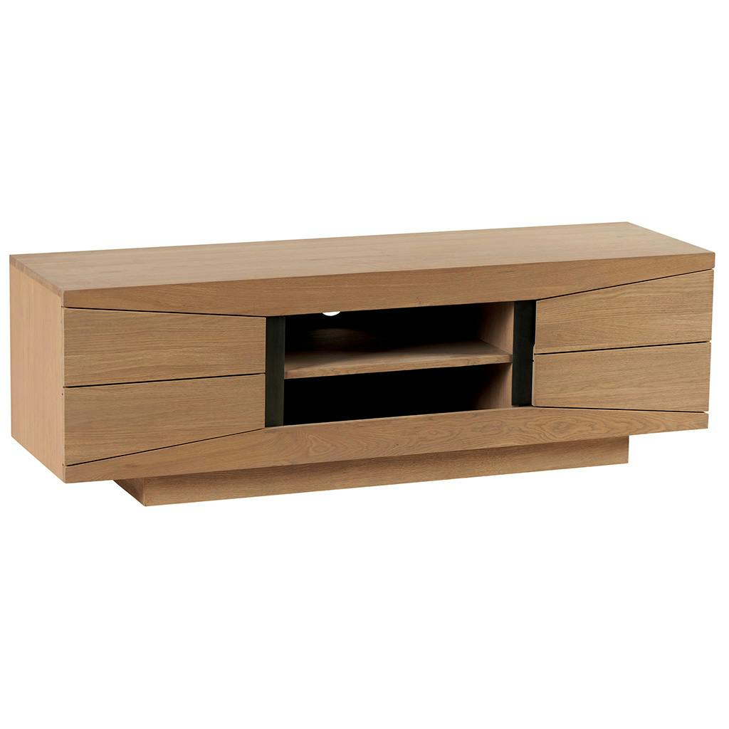 Meuble TV Chêne ciré et métal patiné 2 portes, 2 niches 144x42x46cm DARIO