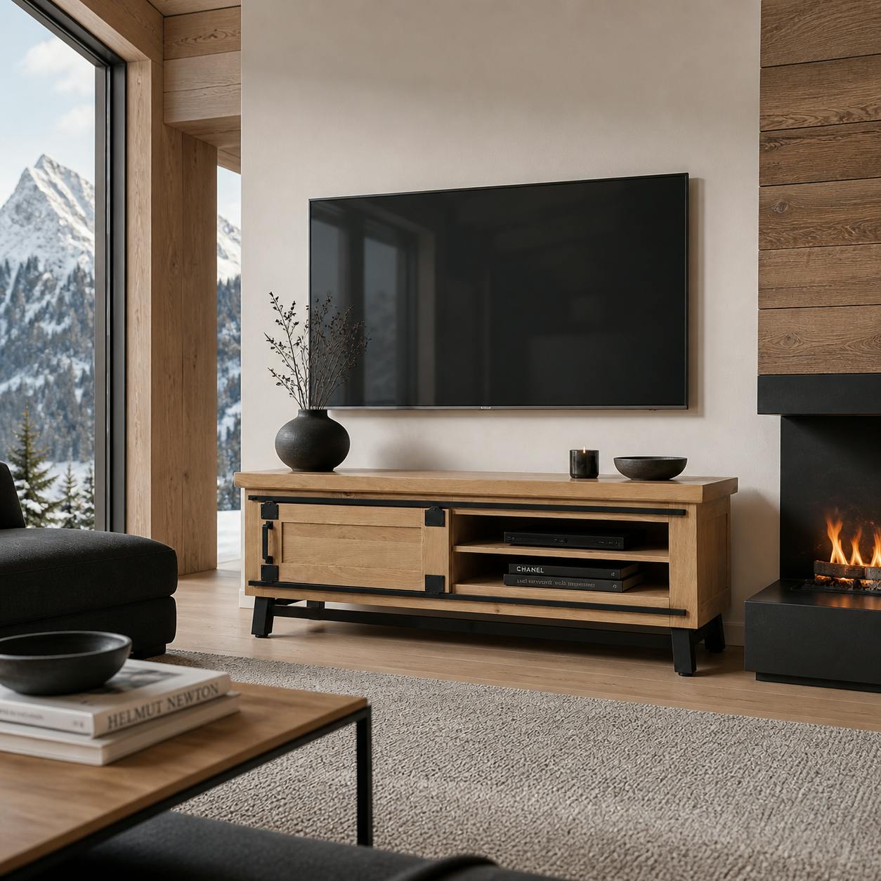 Meuble TV chêne clair à porte coulissante 185 cm ALPINE