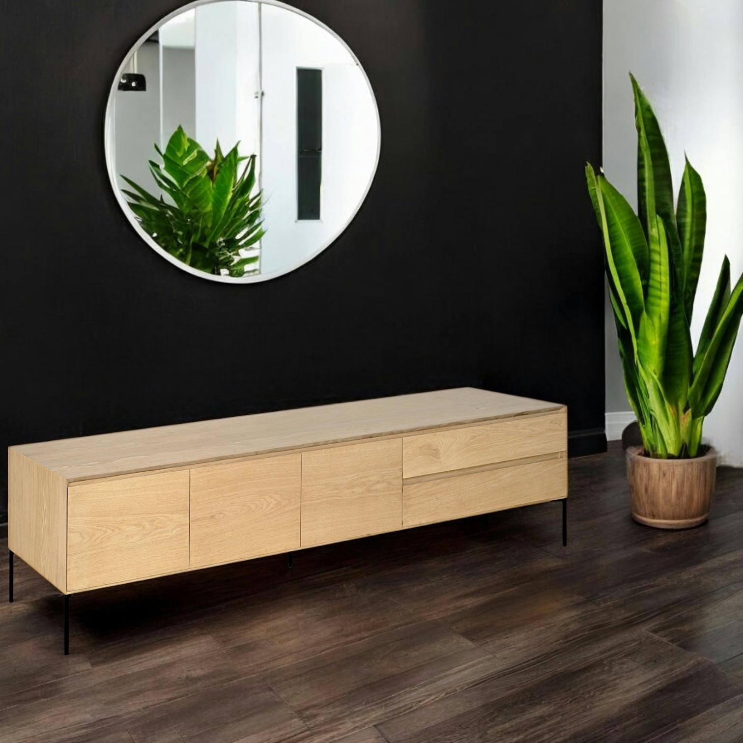 Meuble TV chêne massif 3 portes 220 cm OAKLAND