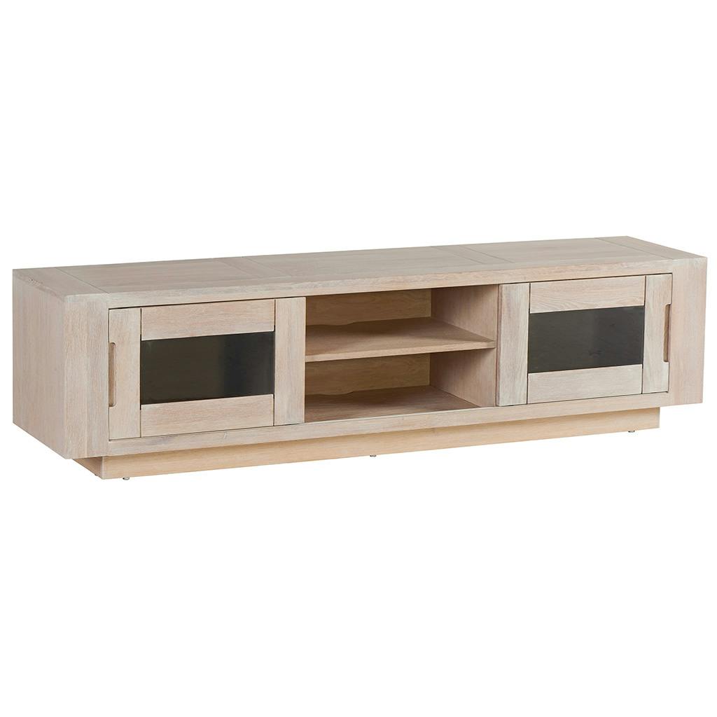 Meuble TV Chêne massif ciré blanchi 2 portes coulissantes vitrées fumées, 2 niches 180x42x47cm MANILLE