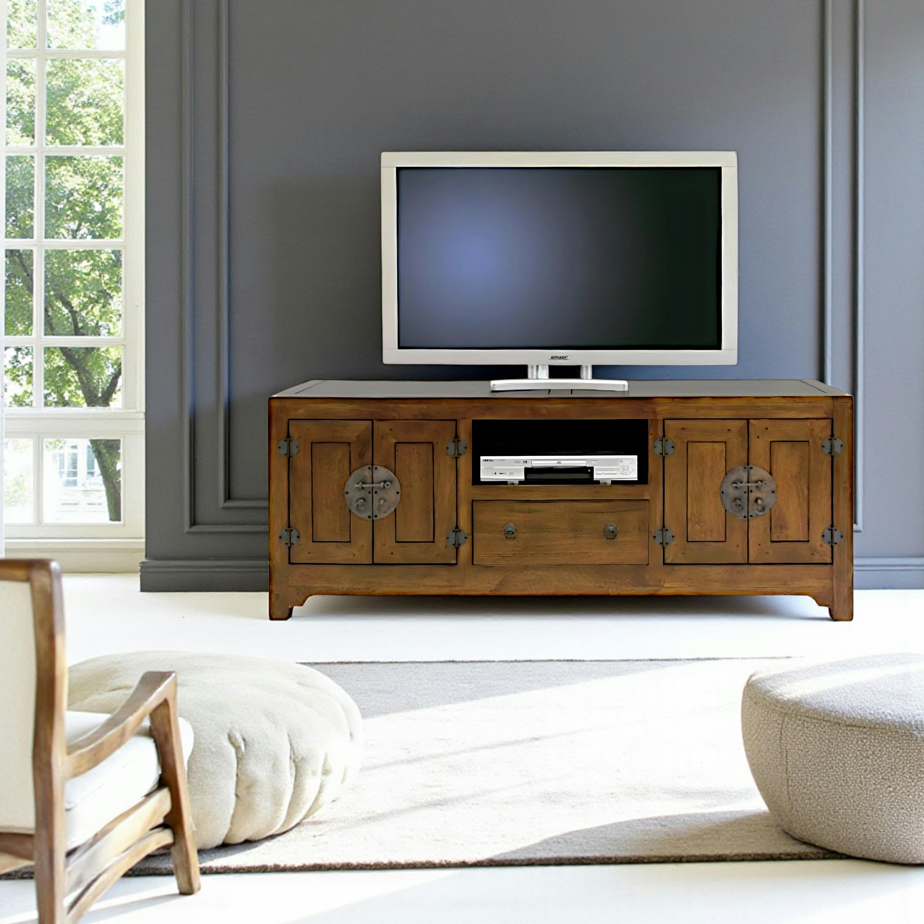 Meuble TV chinois asiatique 4 portes 1 tiroir hévéa 160cm MAORI