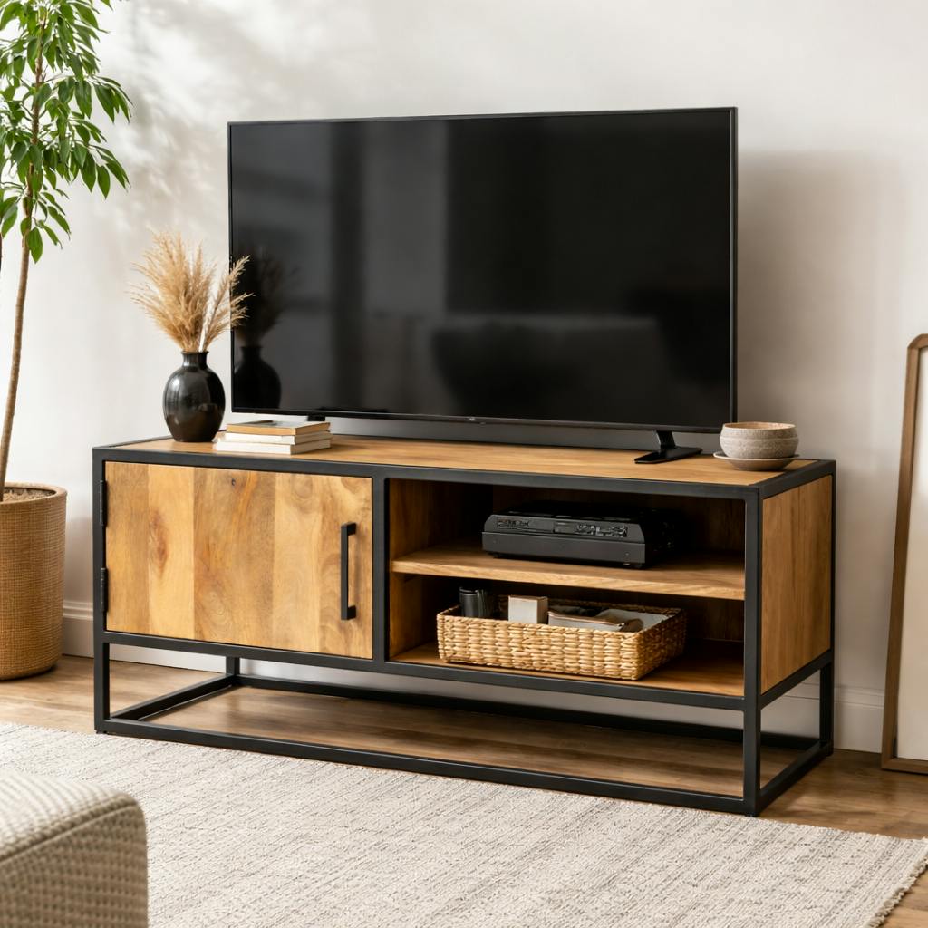 Meuble TV compact en bois clair et métal noir 1 porte RIVANO