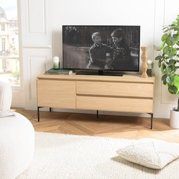  Meuble TV contemporain bois couleur naturelle 1 porte 2 tiroirs MAYENCE