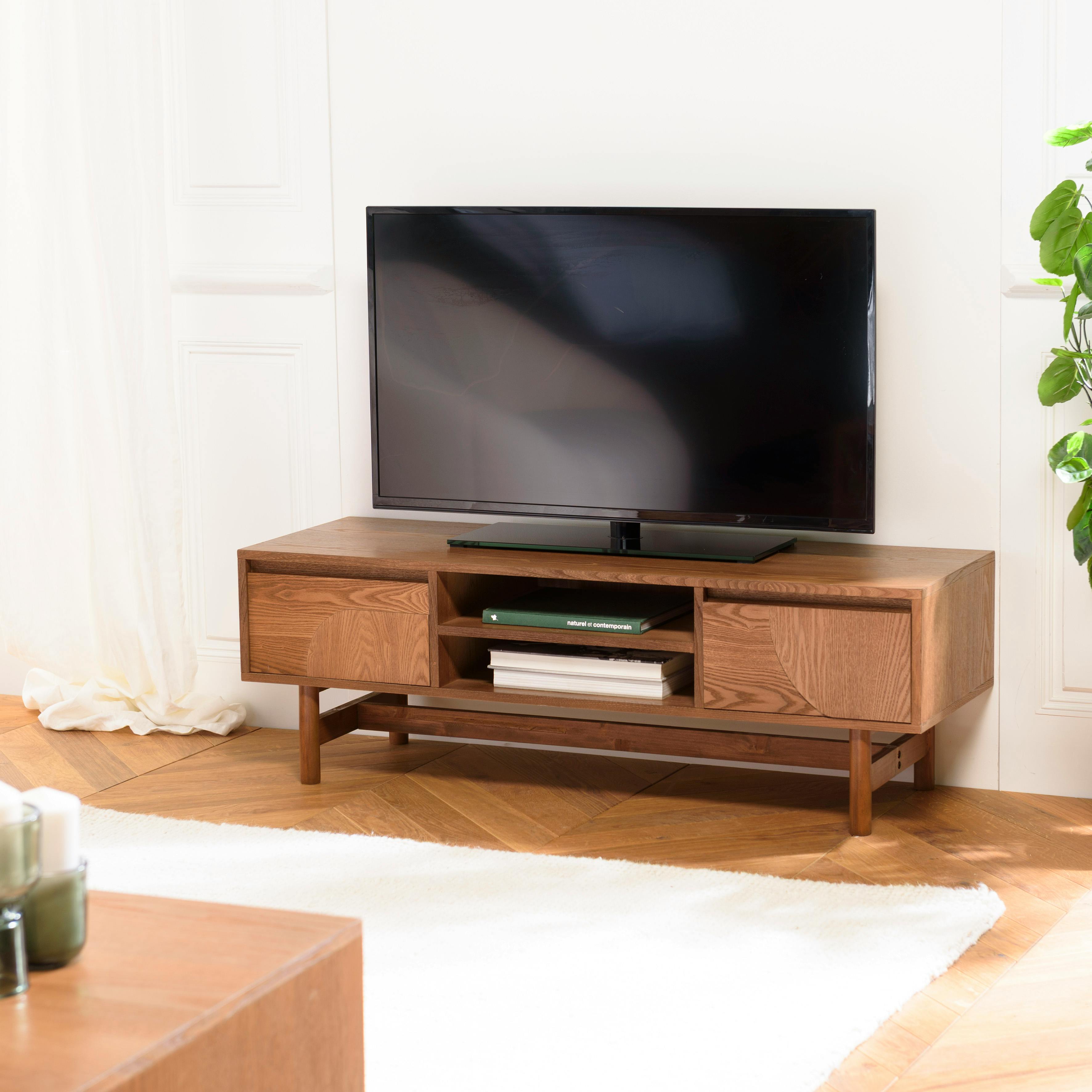 Meuble TV couleur naturelle 2 tiroirs motif arrondi 2 niches CORIA